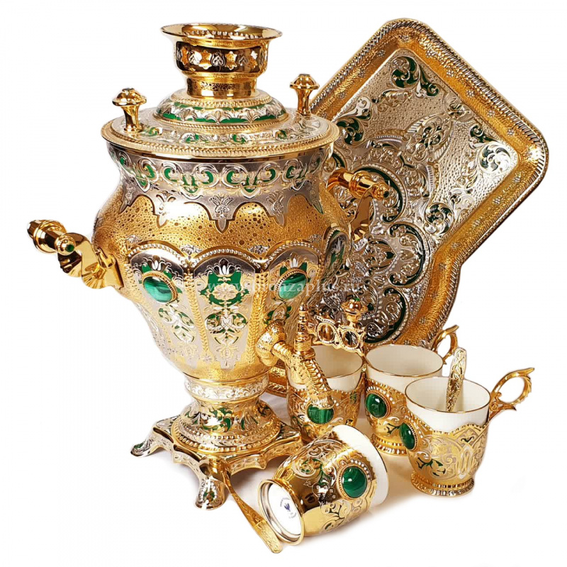 Самовар с сервизом малахитовый